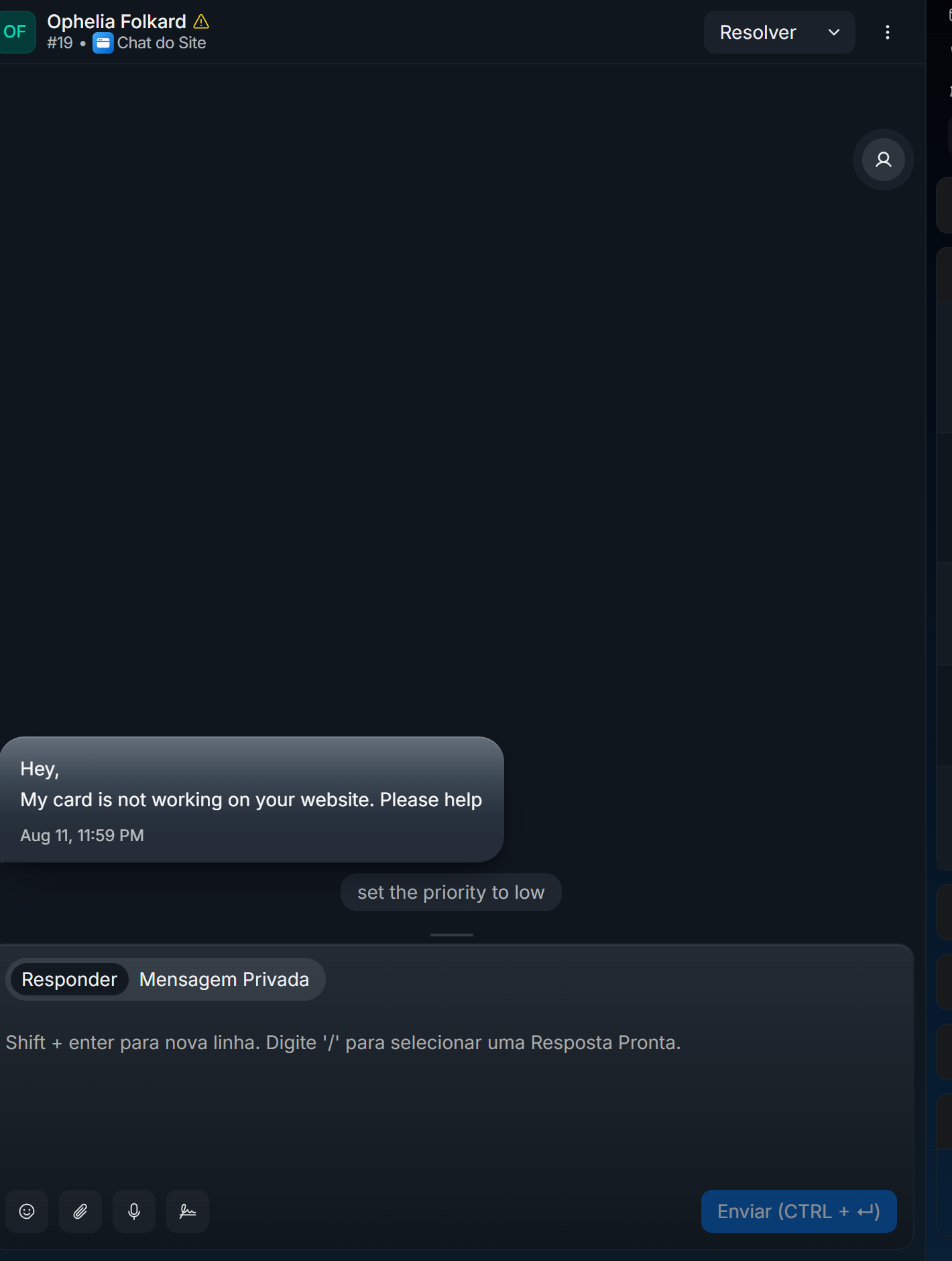 Conversa aberta no FX Nexus pelo chat do site, com resposta, nota privada e envio na mesma tela.