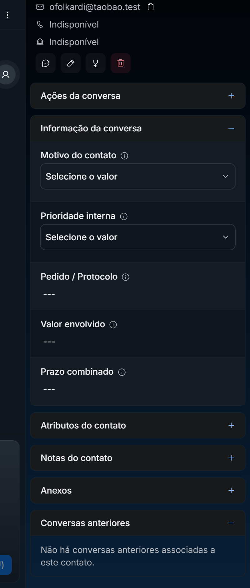 Ficha do cliente no FX Nexus, com contato, informação da conversa e conversas anteriores.