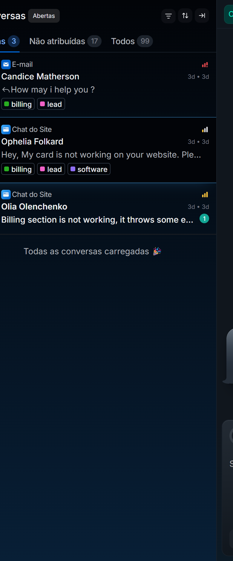 Fila do FX Nexus com conversas de e-mail e chat do site na mesma lista.